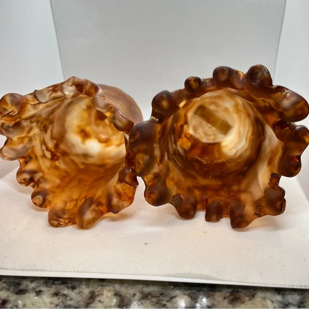 MCM Italian Swung Glass Candle Holders Amber with Metallic Swirls
